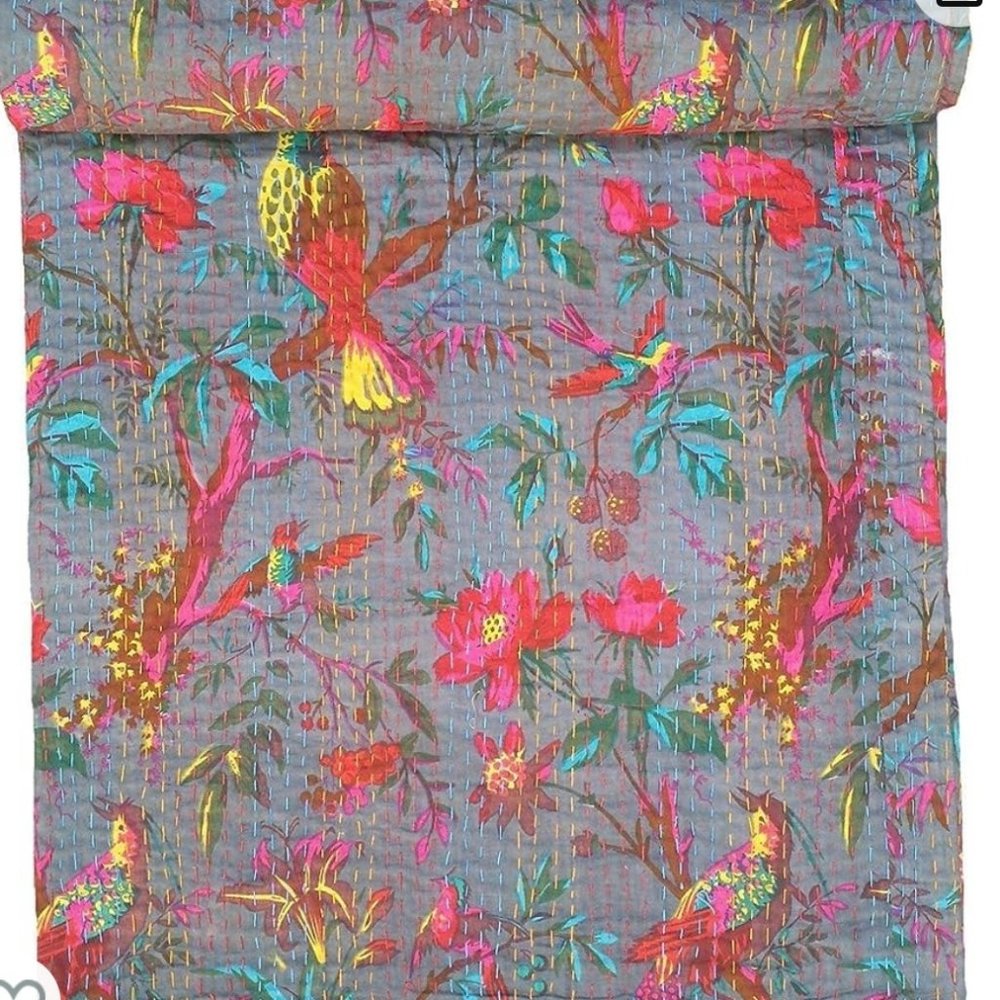 Kantha Quilt Queen King NEW 108x90" 100% Cotton Slate Grey Floral